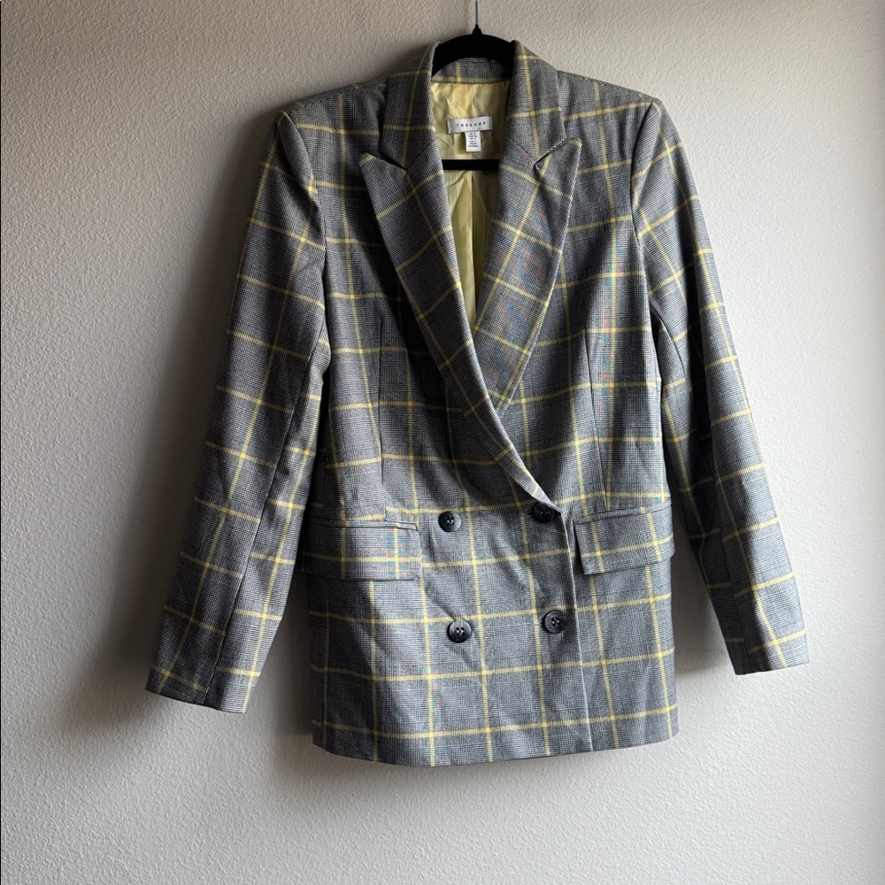 Topshop Plaid Houndstooth Double Breasted Blazer Grey Yellow Womens size 4 US - Picture 2 of 5